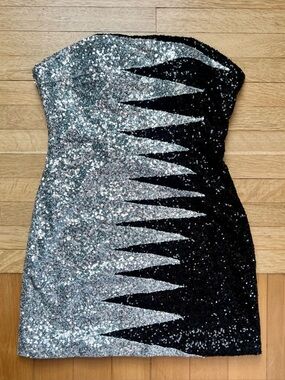 Sequin black silver strapless mini cocktail dress
